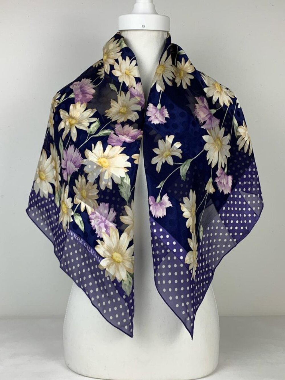 Pierre Balmain Floral Navy Silk Scarf with Polka Dots - 34x34 Luxury Accessory